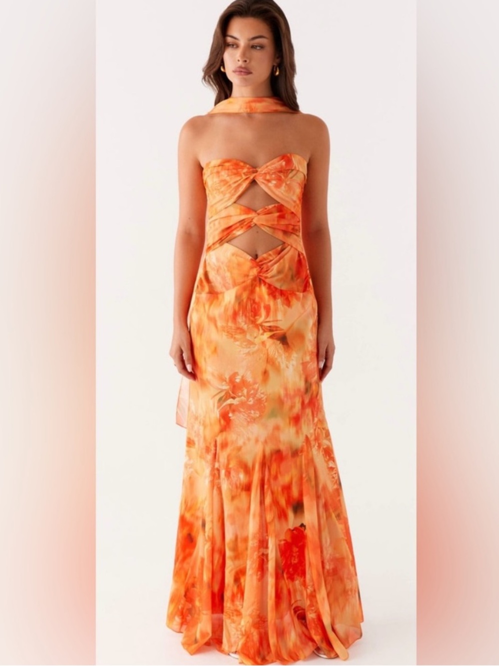 Peppermayo Strapless Orange Floral Cutout Maxi Dress